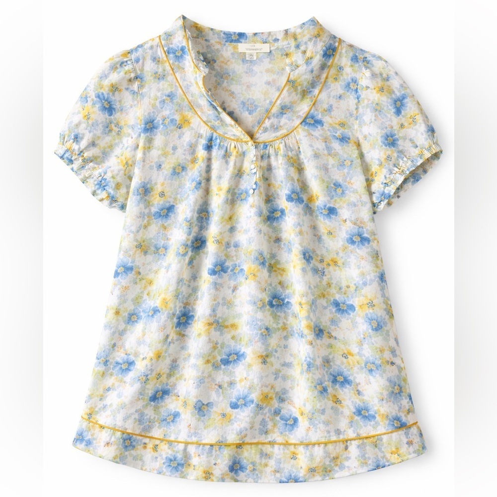 Floral Puff Sleeve Blouse - Blue and Yellow size L
